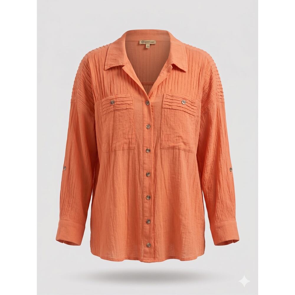 Democracy Women's L Coastal Resortwear Boho Crinkle Roll Tab‎ Button-Front Top
